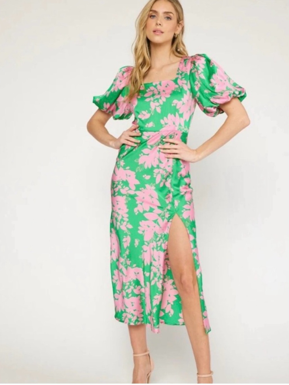 Entro Green & Pink Floral Square-Neck Midi Dress Size Medium NWT